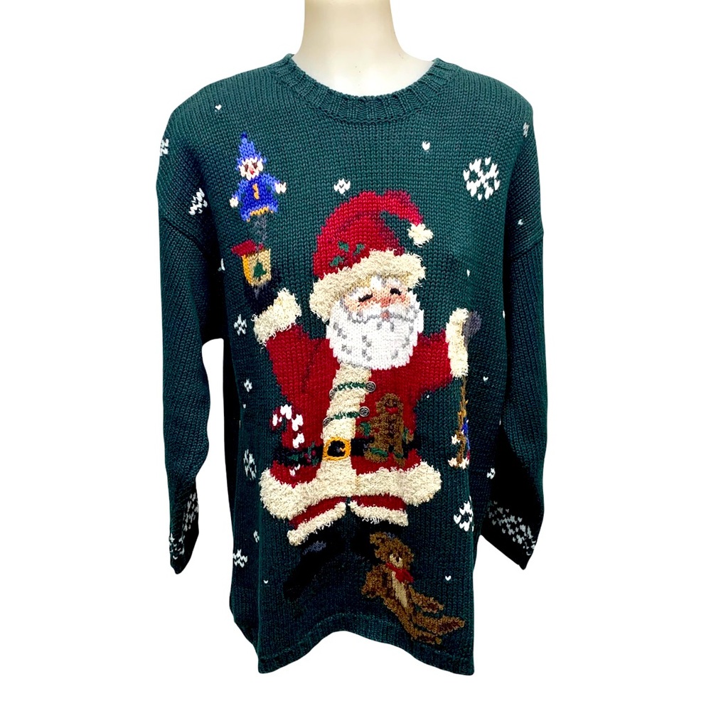 Vintage HBASKIN Ugly Sweater Santa Knit Green Heavy Christmas Long Sleeve - Picture 1 of 10